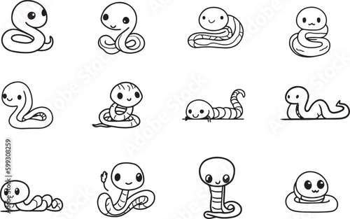 set of funny cute snake vector line arts