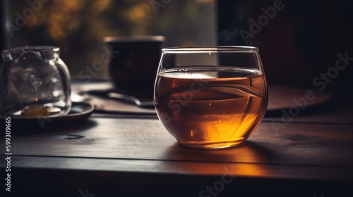 A cup of a hot glass tea on a wooden table cozy enviromn. AI generated.