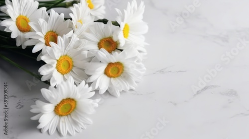 Small bouquet of daisies lying on a white table top view. AI generated