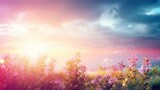 Blurred image of a field with flowers, hills and sunset at the background. AI generated