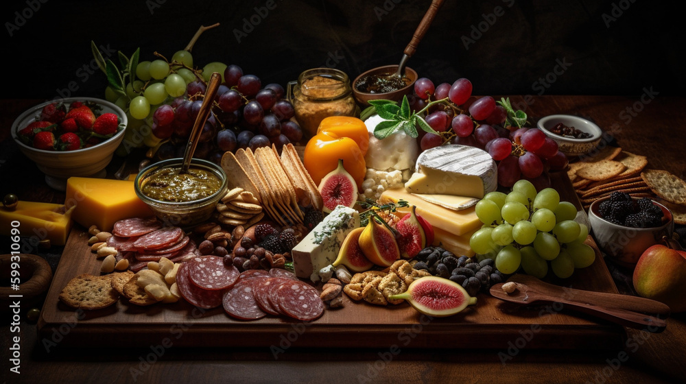 Mouthwatering Gourmet Charcuterie Board with Artisanal Foods (generative AI)