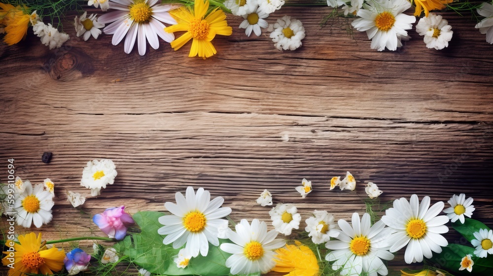 Obraz premium Spring blooming spring flowers on wooden background. AI generated.