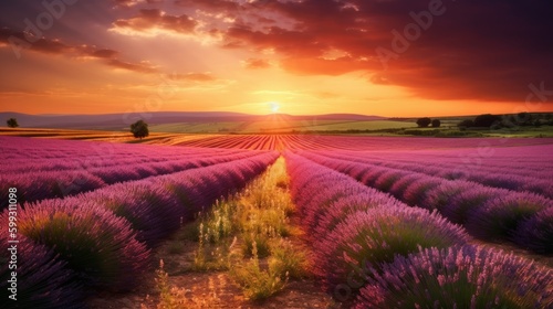 Beautiful lavender field at sunset. AI generated.