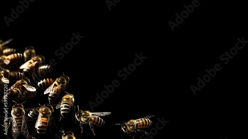 Bees isolated on black background with blank space for text. AI generated.