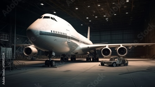 Big passenger aircraft on maintenace in airport hangar. AI generated. © vadymstock