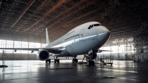 Big passenger aircraft on maintenace in airport hangar. AI generated.