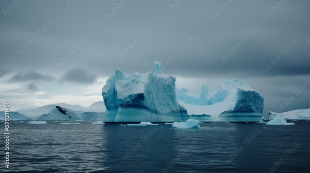 Blue iceberg in Antarctica. Global warming concept. AI generated.
