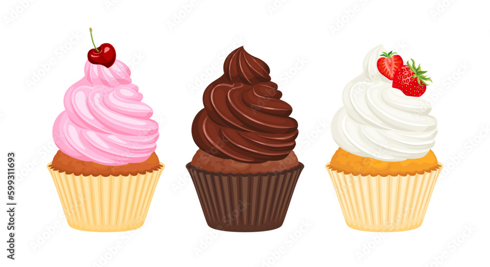 Set of cupcakes with whipped cream. Chocolate, cherry and strawberry cake. Vector cartoon illustration of sweet food. Set of cupcakes with whipped cream. Chocolate, cherry and strawberry cake. Vector cartoon illustration of sweet food.