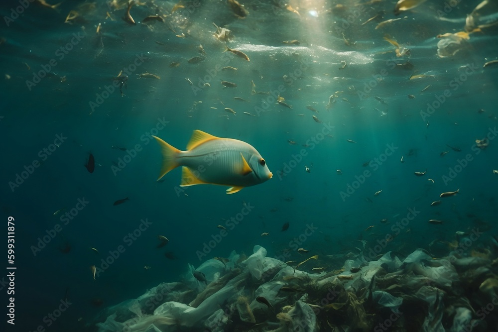 Obraz premium A discarded plastic carrier bag drifting in a tropical, blue water ocean with fish caught in it. Underwater littler garbage sea pollution. Environmental problem - plastic contamination. Generative AI
