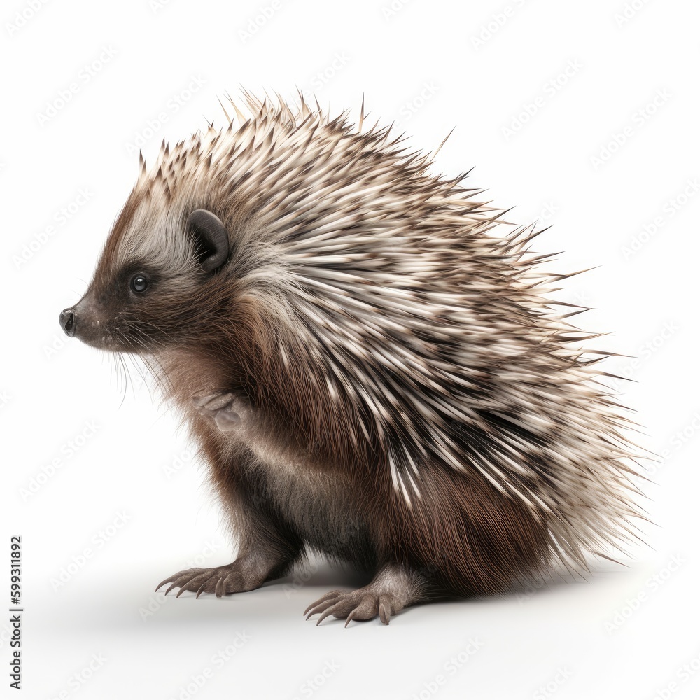Naklejka premium porcupine, animal, mammal, isolated, porcupine, wild, wildlife, white background, white, ferret, studio, isolated on white, snout, cut out, rodent, cute, brown, bristle, nature, raccoon, spiny, prickl