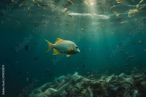 A discarded plastic carrier bag drifting in a tropical, blue water ocean with fish caught in it. Underwater littler garbage sea pollution. Environmental problem - plastic contamination. Generative AI © Valeriia