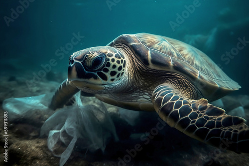 Turtle's legs covered with plastic bag. Plastic pollution in ocean environmental problem, poisoning the waters of sea. Global Protection problem. Marine environment pollution. Generative AI © Valeriia