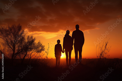 iluets of a happy family on the background of a colorful sunset. High quality photo Generative AI © NeuroSky