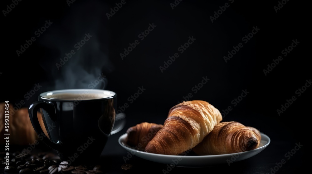 Cup of fresh coffee and croissant. Black background. AI generated. Cup of fresh coffee and croissant. Black background. AI generated.