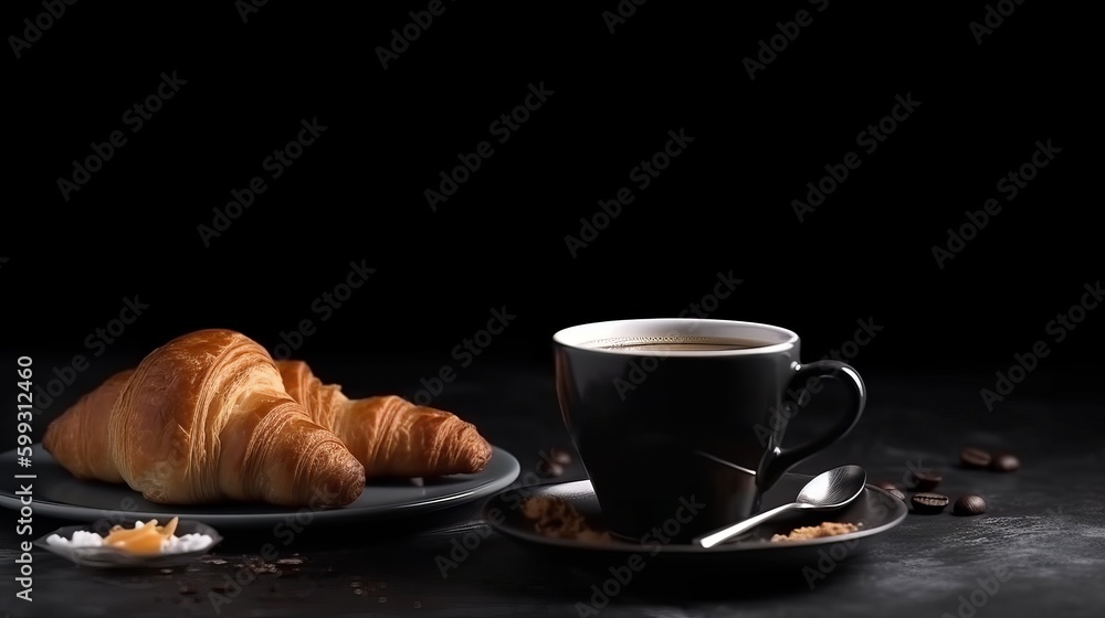 Cup of fresh coffee and croissant. Black background. AI generated. Cup of fresh coffee and croissant. Black background. AI generated.