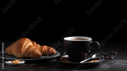 Cup of fresh coffee and croissant. Black background. AI generated.
