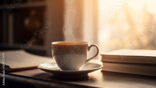  a cup of tea with smoke rising from it, placed on a table, likely in the morning AI Generated