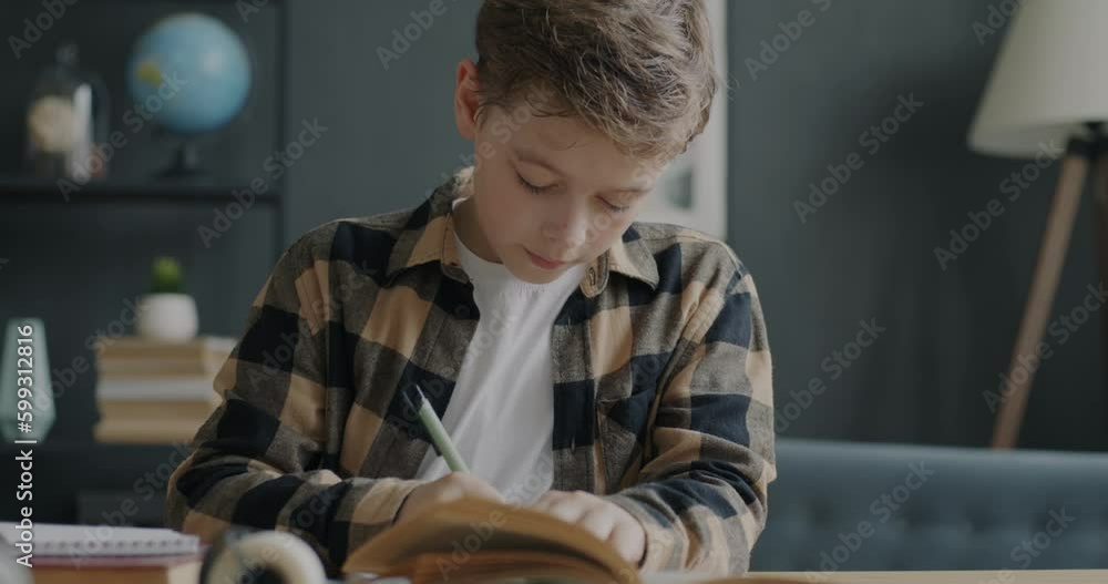 Serious boy studying at home writing notes and reading book busy with homework involved in activity alone. Domestic education and childhood concept. Serious boy studying at home writing notes and reading book busy with homework involved in activity alone. Domestic education and childhood concept.