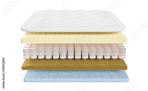 Schilderij op canvas 3d layered sheet material mattress with air fabric, pocket springs, natural latex, memory foam, soft sponge isolated
