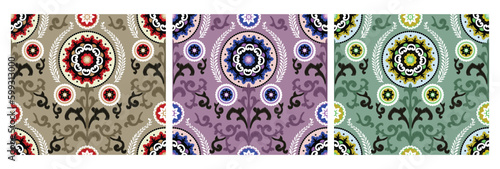 Suzani, vector seamless ethnic pattern with uzbek, turkish and kazakh motifs. in bright vibrant colors. texture for web, print, wallpaper, home decor, summer fall fashion textile, fabric, ceramic tile