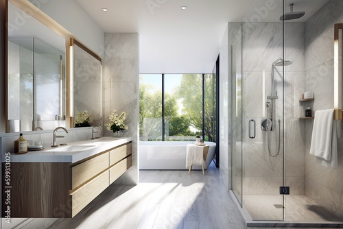 Airy Contemporary Bathroom, Spacious Shower, Refined Porcelain Tiles, State-of-the-Art Chrome Showerhead, Clean-Lined Vanity