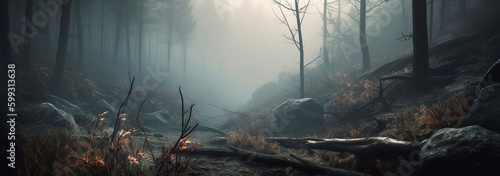 Beautiful panoramic image of a foggy forest in cloudy weather. High quality illustration Generative AI