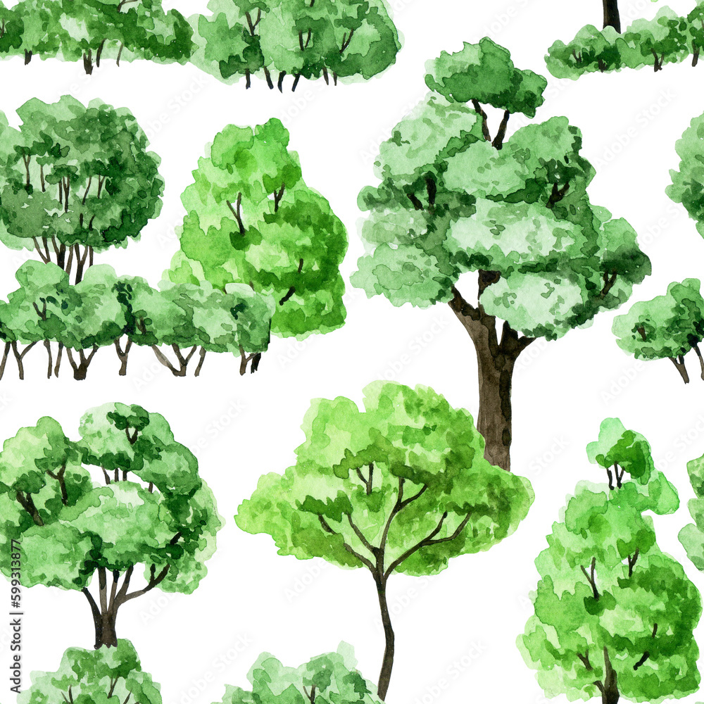 watercolor seamless pattern of green trees and bushes. forest, garden print watercolor seamless pattern of green trees and bushes. forest, garden print