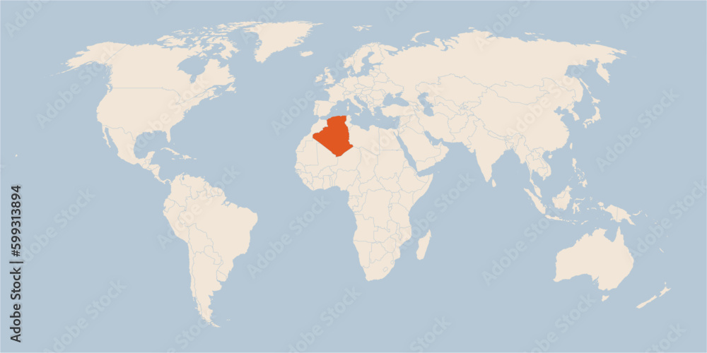 Vector map of the world in pastel colors with the country of Algeria highlighted highlighted in orange.