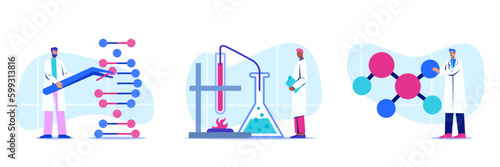 Set of work in laboratory, scientist conducting research, laboratory assistant holding molecule