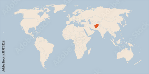 Vector map of the world in pastel colors with the country of Afghanistan highlighted highlighted in orange.