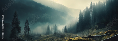 Beautiful panoramic image of a foggy forest in cloudy weather. High quality illustration Generative AI © NeuroSky