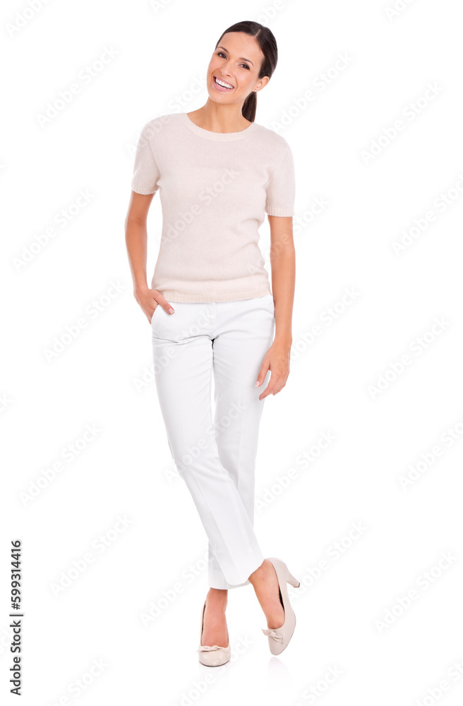 Shes everybodys woman. Studio shot of a casually dressed young woman isolated on white. Shes everybodys woman. Studio shot of a casually dressed young woman isolated on white.