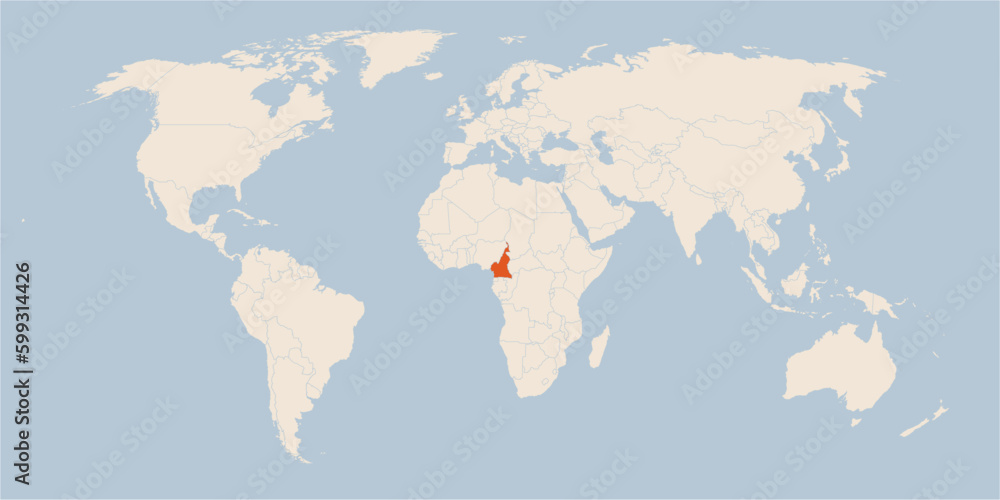 Vector map of the world in pastel colors with the country of Cameroon highlighted highlighted in orange.