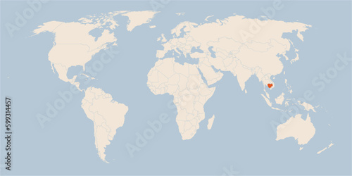 Vector map of the world in pastel colors with the country of Cambodia highlighted highlighted in orange.