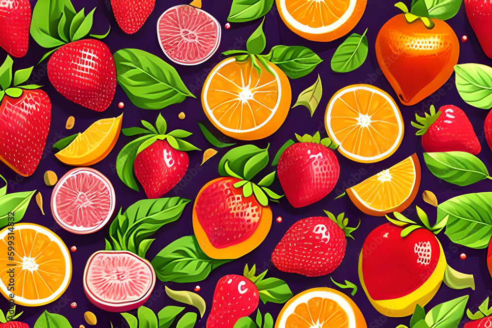 pattern with Summer Fruits, A bright and colorful pattern featuring a variety of summer fruits like strawberries, oranges, and grapes pattern with Summer Fruits, A bright and colorful pattern featuring a variety of summer fruits like strawberries, oranges, and grapes