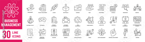 Business Management thin line icons set. Marketing, business, vision, mission, planning, strategy, teamwork and more… Vector illustration.