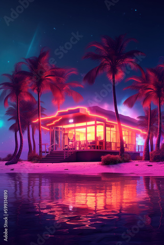 Tropical beach and palm tree background. Retro tone color style. Summer vacation concept. Generative ai. © tonktiti