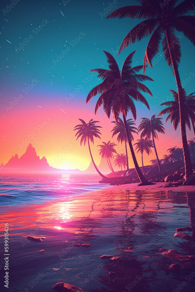 Tropical beach and palm tree background. Retro tone color style. Summer vacation concept. Generative ai. Tropical beach and palm tree background. Retro tone color style. Summer vacation concept. Generative ai.