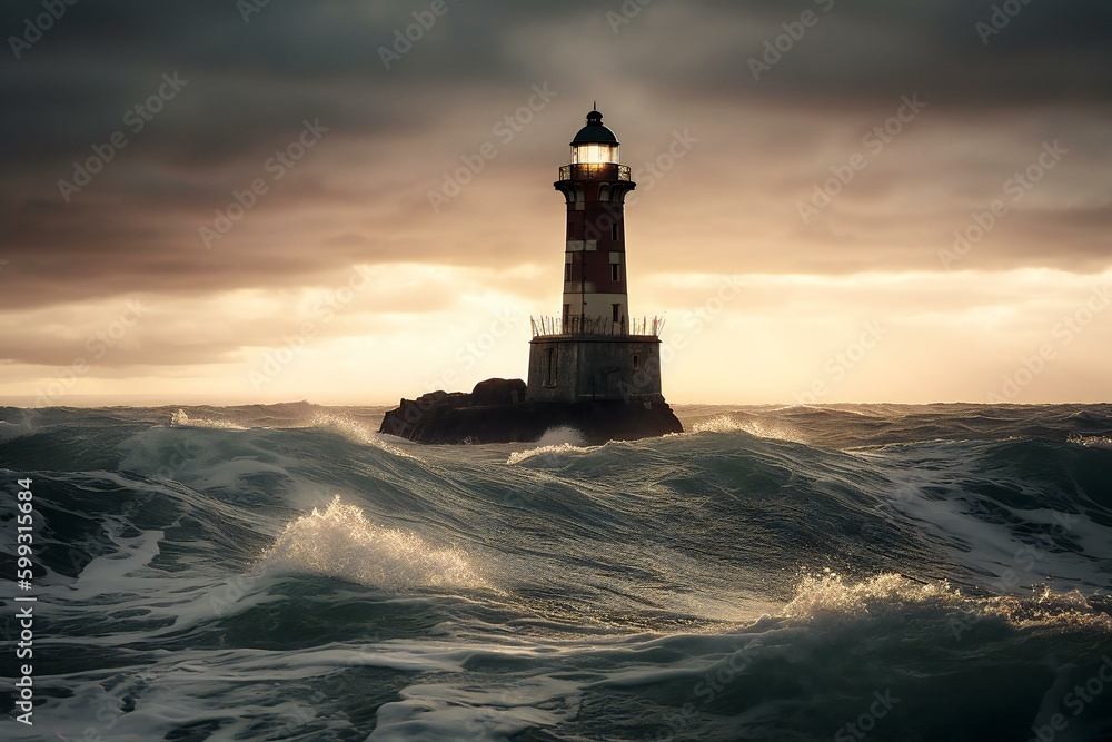 A lighthouse on the island at twilight. Lighthouse Beam. Stormy Landscape. Generative AI