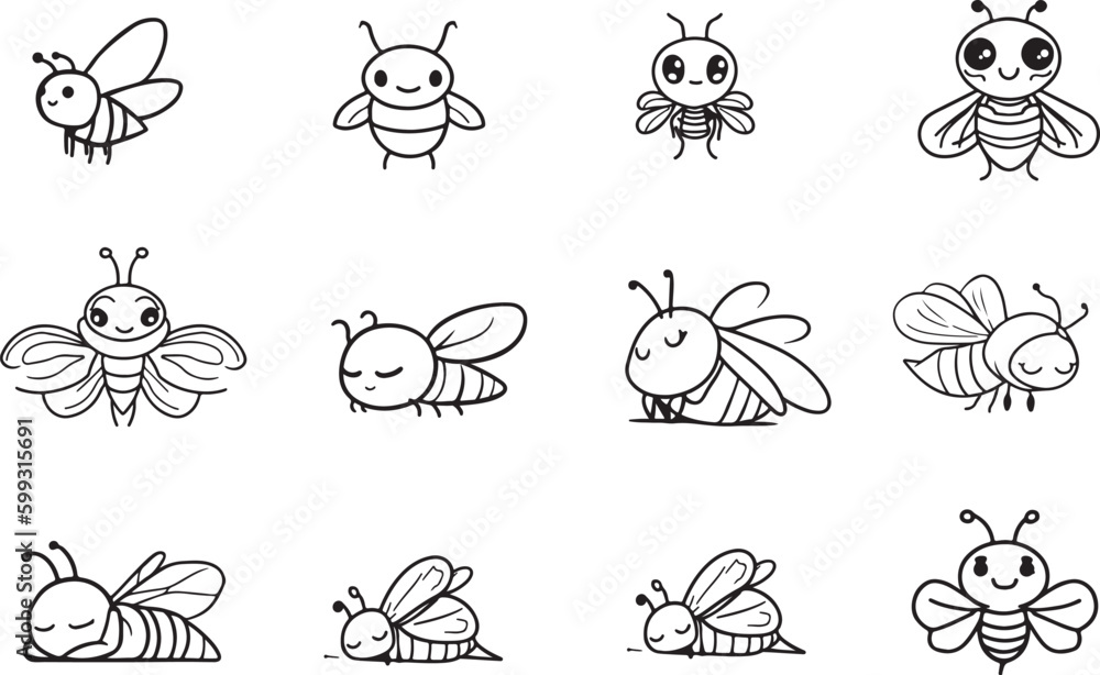 set of cute insects and flys kine art vector 