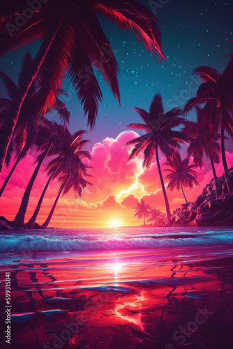 Tropical beach and palm tree background. Retro tone color style. Summer vacation concept. Generative ai.