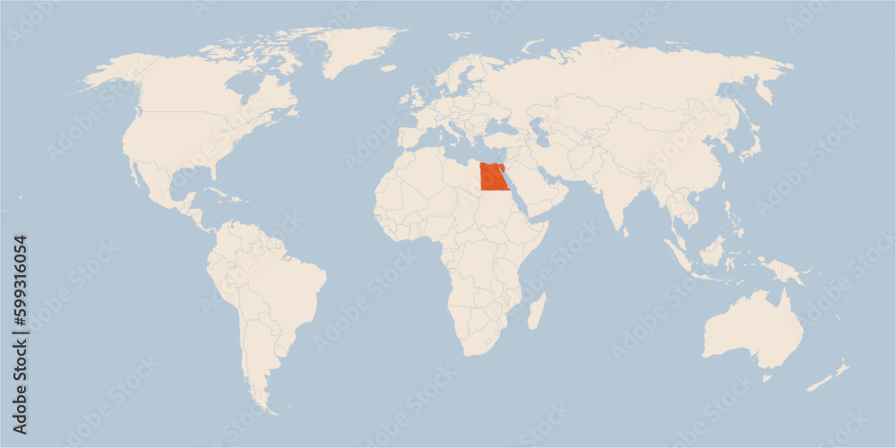 Vector map of the world in pastel colors with the country of Egypt highlighted highlighted in orange.
