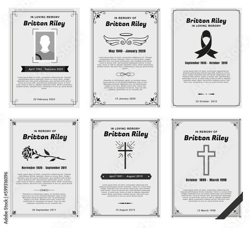 Funeral memorial and invitation card monochrome black and white design template set vector