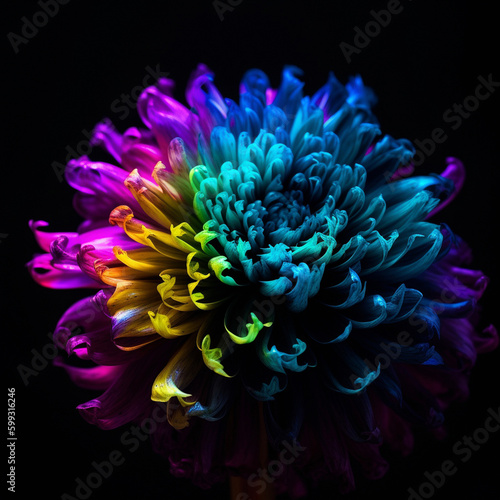 A beautiful illustration of a colorful flower in a palette of different colors on a black background Generative AI