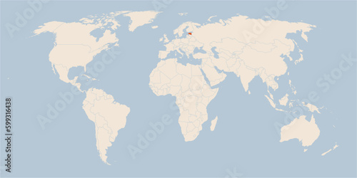 Vector map of the world in pastel colors with the country of Estonia highlighted highlighted in orange.