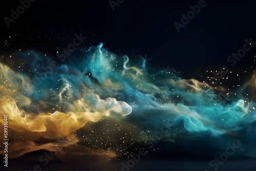 Glitter mist. Ink water. Fluid splash. Metallic golden silver blue color shimmering glowing dust particles vapor cloud floating on dark black abstract background