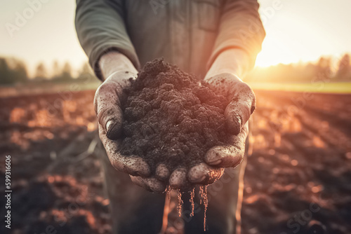 Hand of Farmer holding soil in the hands for planting. Agronomist testing a quality of soil. Concept of agriculture. Gardening with farmer. 