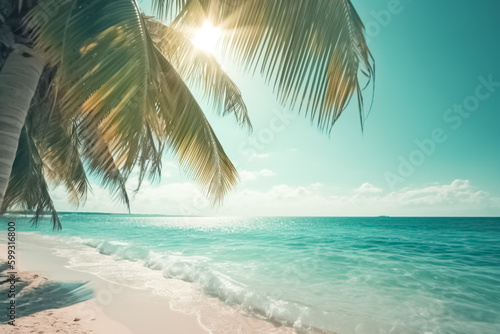 Sunny tropical beach with palm leaves and paradise island. Summer sandy beach with blur ocean on background. Summer vacation and holiday business travel concept. 