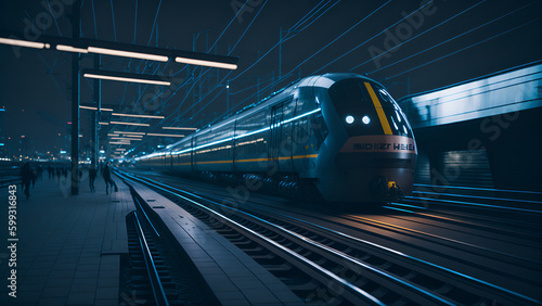 High speed train at station and blurred cityscape at night on background. Postproducted generative AI digital illustration of non existing train model. (Generative AI)