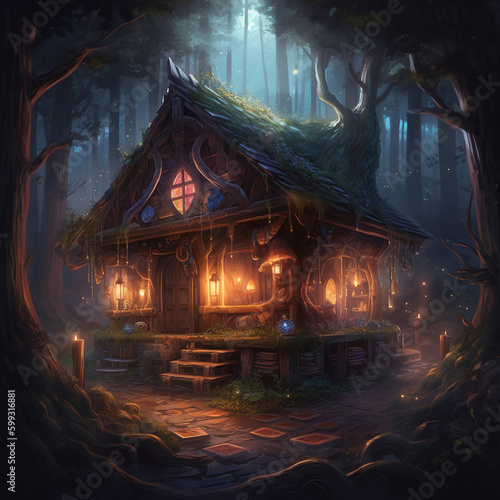 A beautiful fairy-tale illustration with a lonely wizard's hut deep in the forest thicket. A lot of small lights around illuminate the hut at night. Fabulous landscape Generative AI